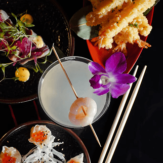 Japanese dishes spread with cocktail.