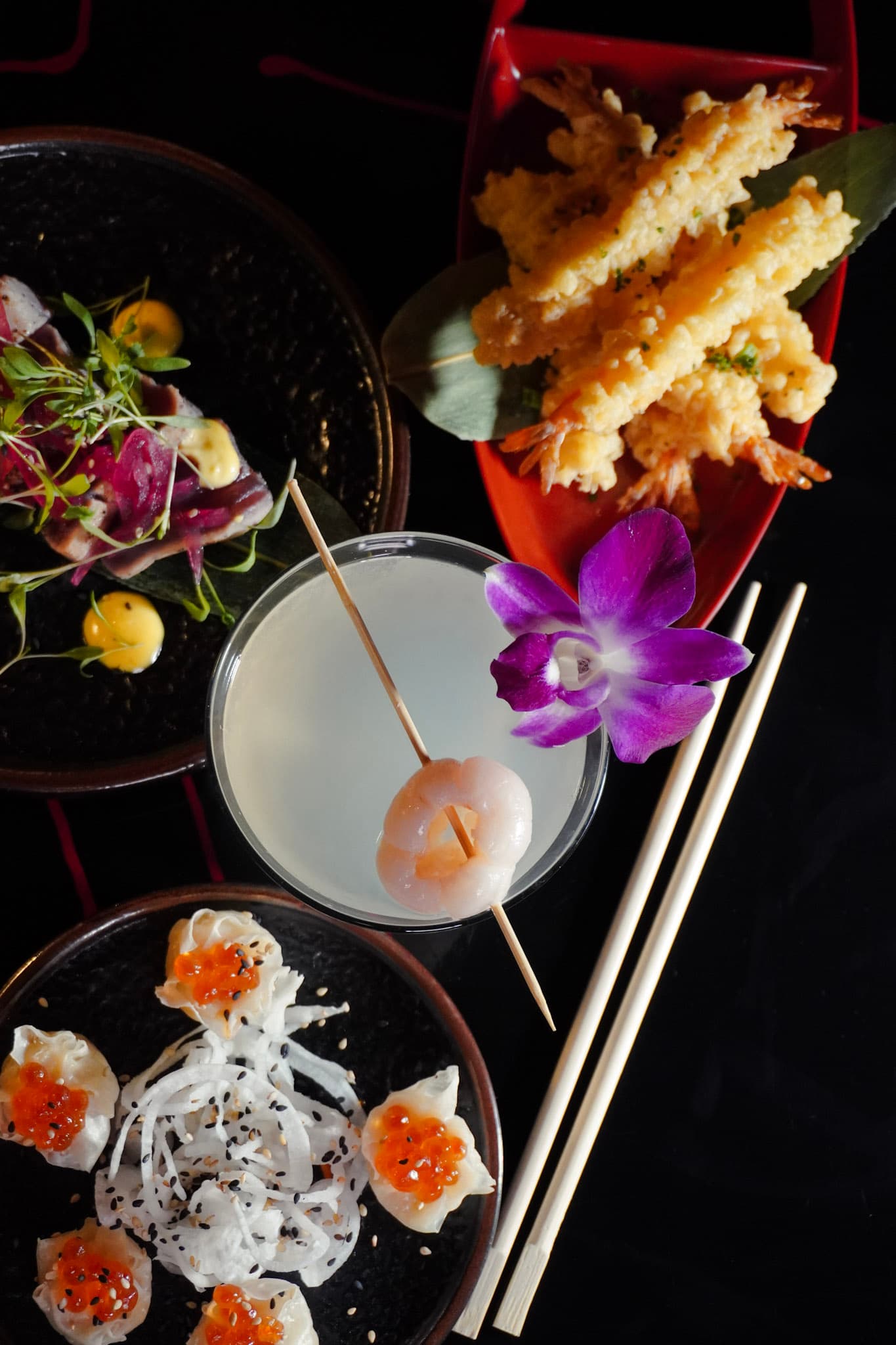 Japanese dishes spread with cocktail.