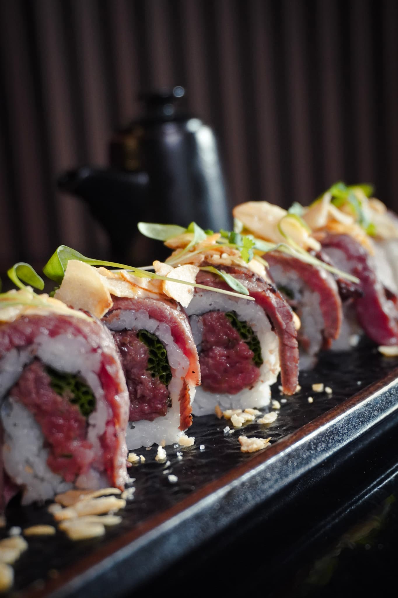 Wagyu beef sushi roll with truffle mayo and crispy garlic.